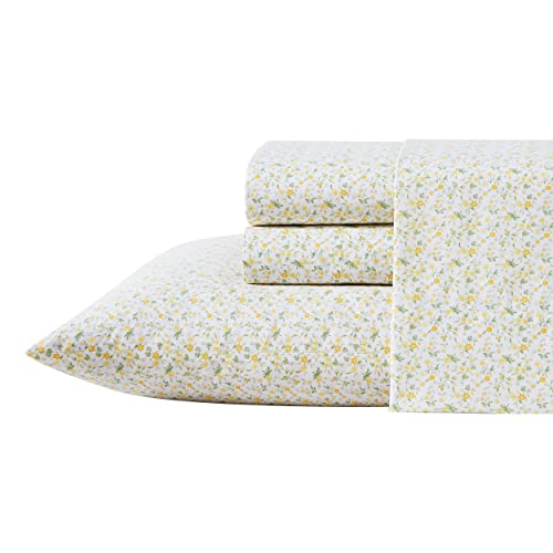 Image of Laura Ashley - Full Size Sheet Set, Crisp & Lightweight Cotton Percale Bedding with Fitted Sheet and Pillowcases, Floral Room Decor, Deep Pocket, College Dorm Room Essentials (Evie Yellow)