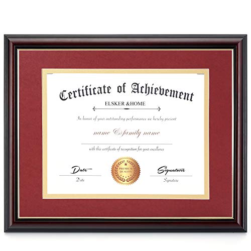Image of ELSKER&HOME 8.5x11 Diploma Frame with Red Mat,Real Wood Reddish | Document Frame Matte Reddish Brown Frame for Certificates Sized 8.5x11with Mat and 11x14 Without Mat (Red with Golden Rim)