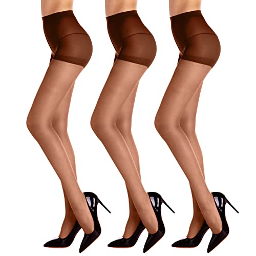 WAKUNA 3 Pairs Sheer Tights For Women 20D Pantyhose Control Top Invisible Reinforced Toes Black or Nude