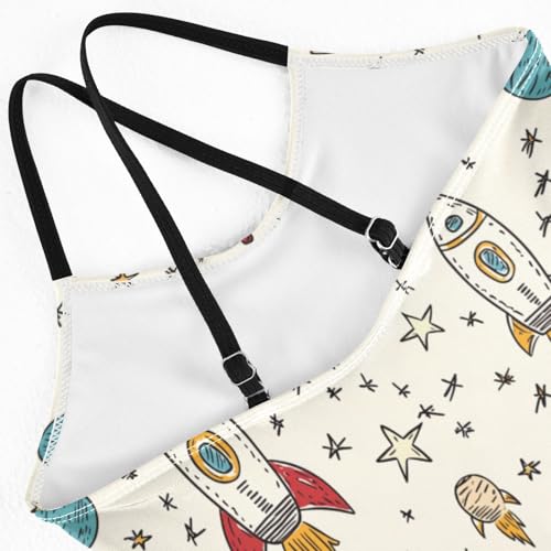 Cartoon Rocket Planet Hand Drawn Girls Swimsuit One Piece Bathing Suit for Baby Girls' Swimwear 3-10T4
