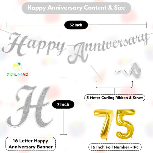 Image of Flyloons 75th Happy Anniversary Banner Silver Decorations Kit for Men Women Wedding Anniversary Banner Items without Balloons Diamond Jubilee