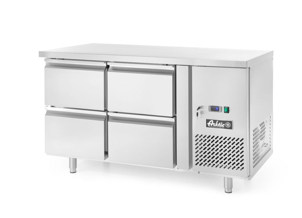HENDI Mesa refrigerada Arktic de 4 cajones para GN 1/1, -2/8°C, 280 L, descongelación automática, pantalla digital, 230V/250W, 1360x700x(H) 850 mm, acero inoxidable