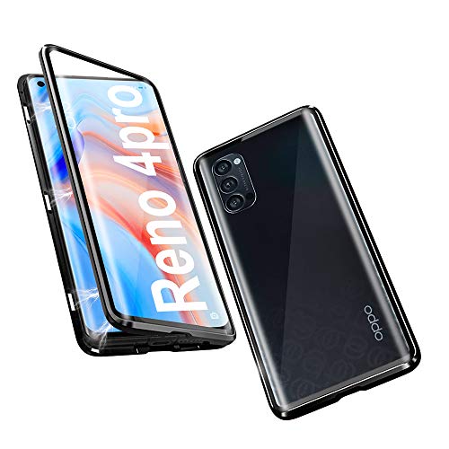 OVANN Funda para OPPO Reno 4 Pro 5G Carcasa Adsorcion Magnetica Tech Cover 360 Grados Protección Marco Aluminio Vidrio Templado Imán Fuerte Metal Flip Case