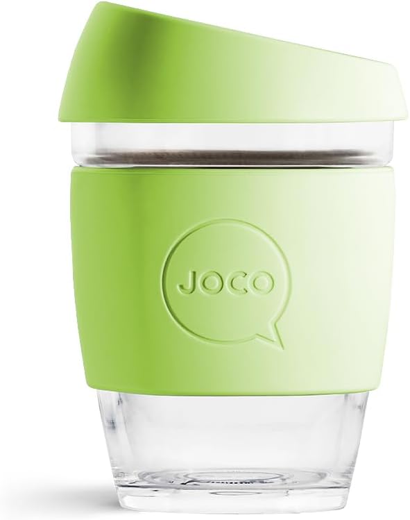 JOCO 12oz Travel Friendly Eco-innovative Borosilicate Reusable Classic Glass Coffee Cups, Microwave Safe Travel Coffee Cup, 100% Plastic Free Thermal Shock Resistant Glass Mug (Green Haze)