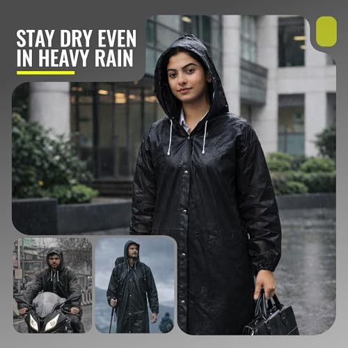 Image of Robustt EVA Reusable Raincoat with Hood (Black) - Pack of 1 | Elasticated Full Sleeves Outdoor Waterproof Raincoat for Men & Women | Rainwear | Button Closure | Knee Length | Universal Fit