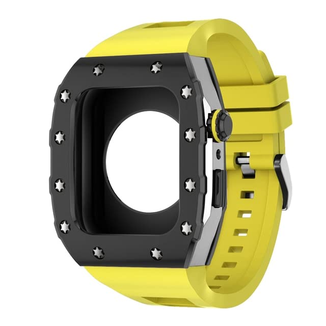 Kit de modification Apple Watch 44mm 45mm - Boîtier métal et bracelet caoutchouc jaune noir Series 8