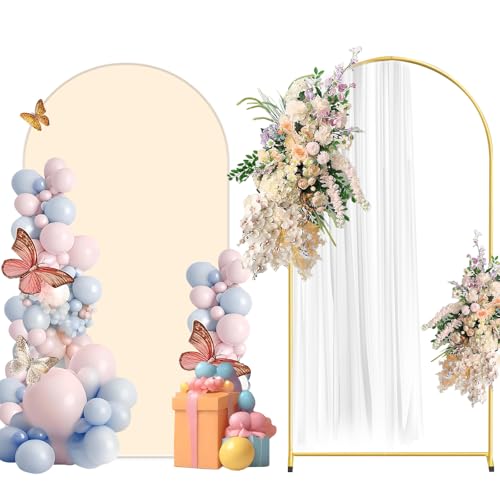 Metal Arch Backdrop Stand and Cover Set, 6.6FT Beige Reusable Spandex Fitted Backdrop Cover and Gold Wedding Arch Frame for Baby Shower, Birthday, Parties Decoration.