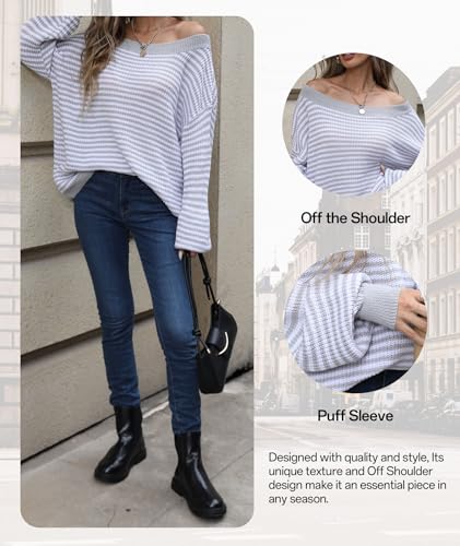 Image of MARZXIN Women's 2026 Fall Long Sleeve Sweaters Casual Loose Striped Off Shoulder Casual Oversized Knitted Sweater Pullovers