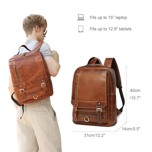LANNSYNE Vintage Genuine Leather Backpack For Men Fits up to 15" Laptop Travel Hiking Rucksack2