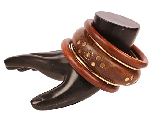 Image of Touchstone wood bracelets for women bangle wooden jewelry handmade artisan bangles natural handcrafted brown olive stylish chunky boho bohemian bracelet brass metal inlaid woods stackable