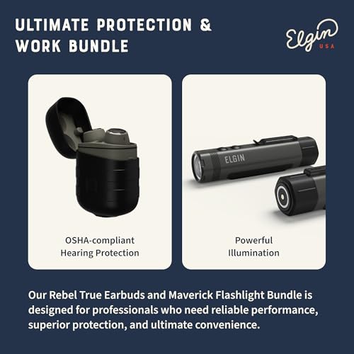 Elgin Rebel True Wireless Earbuds & Maverick LED Flashlight Bundle, OSHA Compliant Bluetooth Headphone and 1600 Lumens Rechargeable EDC Flash Light for Work, Construction, Outdoor, Camping, Hiking