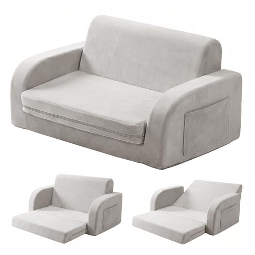 3-in-1 Extra Wide Convertible Kids Couch, Flip Open Toddler Couch to Lounger, Comfy Toddler Chair, Machine-Washable Kids Sofa for Girls, Kid Sofa Bed for Fun Playtime or Comfy Lounging, Gray