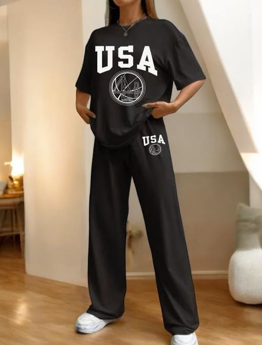Image of My Swag USA Graphic Print Cotton Loungewear Set, T-Shirt and Pants, Casual Comfort Wear
