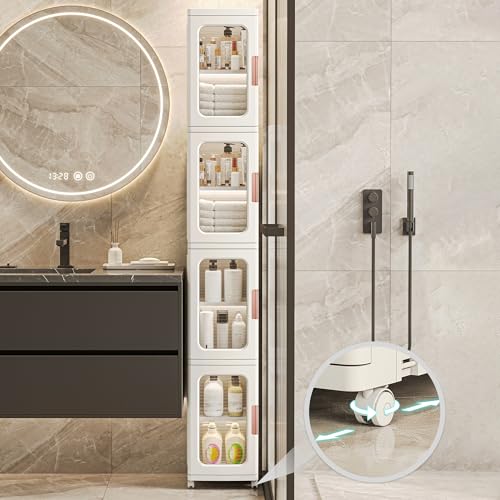 MOSAMNI Slim Tall Bathroom Storage Cabinet with Doors and Shelves, 4-Tiers Narrow Bathroom Storage Organizer Movable Freestanding Linen Tower Cabinet for Small Spaces, Kitchen, Living Room, White