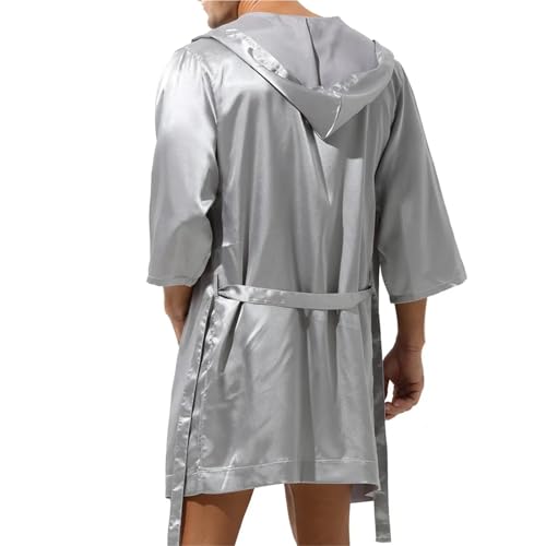 Mens Hooded Bath Robe Short Sleeve House Robe Satin Silk Lounge Bathrobes with Belt Men's Pajamas Homme Robes Sleepwear(Grey Robe,X-Large)