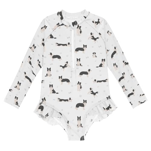 JHKKU Girls Long Sleeve Border Collie Dog Swimsuit One Piece Zipper Rash Guard Bathing Suit with UPF 50+ Sun Protection Ruffle Swimwear 4T