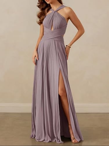 Chiffon Halter Bridesmaid Dresses for Women Ruched Formal Dress A Line Evening Party Gown with Slit3