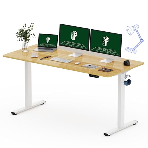 FLEXISPOT One-Piece Electric Standing Desk, 60 x 24 Inches Adjustable Desk with Seamless Desktop, Memory Controller Height Adjustment (White Frame + Maple Desktop, 2 Packages)