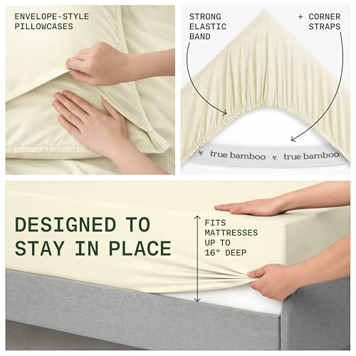 Image of TRUE BAMBOO Sheets Set King Size - Silky Soft Luxe 4 Piece Bed Sheets with Breathable & Moisture-Wicking Fabric - 16 inch Deep Pocket with Corner Straps