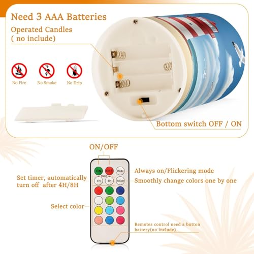 Image of Lighthouse Seagull Beach Flickering Flameless Candles LED Battery Operated with Remote Timer Pillar Candles for Home Birthday Wedding Christmas Decor, Set of 2
