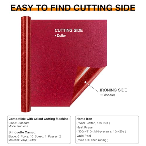 Image of HTVRONT Red Glitter HTV Vinyl Roll - 10 inch x 8ft Red Glitter Iron on Vinyl for All Cutting Machine, Glitter Heat Transfer Vinyl for T Shirts - Easy to Cut & Weed & Transfer