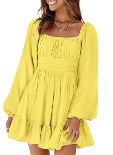 Dokotoo Women's Yellow Large Square Neck Off The Shoulder Dress,