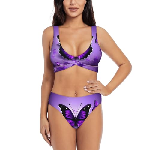 Bonito conjunto de bikini de mariposas moradas para mujer, trajes de baño de 2 piezas de cintura alta de alta calidad para mujer 2024 con control de abdomen, Negro -, S