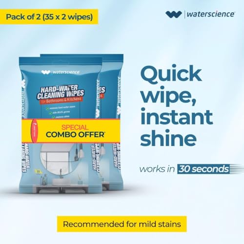 Image of WaterScience Hard Water Stain Remover Wipes Combo Pack of 2 (70 Wipes) | For Kitchen and Bathroom Surface Cleaning | Applicable for Taps, Shower, Tiles, Faucets, Wash Basin Sinks | Use Twice a Week