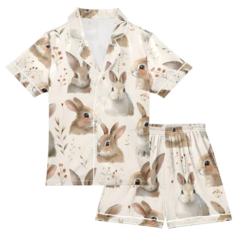 ALAZA Lovely Rabbit Watercolor Leaves Pajamas Satin Pajama Set Short Sleeve Button Down Sleepwear