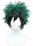 Linfairy Anime Cosplay Wig Short Black Green Halloween Costume Curly Wig