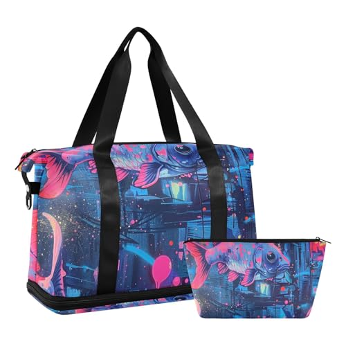 Blue Fish Duffel Bags Sports Gym Tote Bag with Adjustable Strap for Business Trips Large Capacity