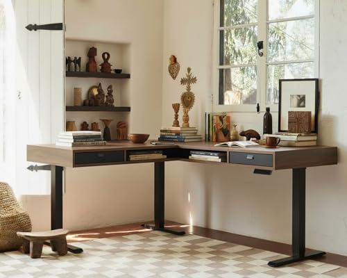 Image of HUANUO Electric L Shaped Standing Desk, 63″x55″ Height Adjustable Corner Computer Desk with 2 Under Desk Drawers & Open Storage Sapce, Sit Stand Up Table with Power Strip Tray & Cable Grommets, Walnut