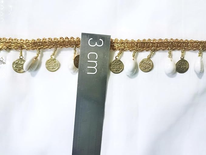 Lacesnmore lace Golden Coin cowri Hanging latkan Frill Jhalar Natural White latkan for Blouse Dresses Saree Dupatta Fringe Style lace Border Ribbon Multi Purpose DIY Accessory 3meter Pack 2