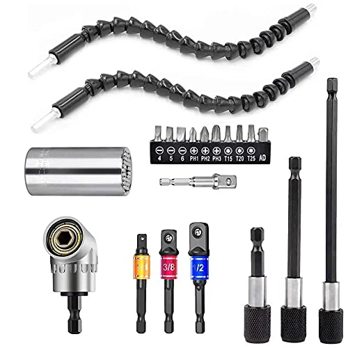 FOUUA Flexible Drill Bit Extension and Universal Socket Wrench Tool Kit, 105Â° Right Angle Drill Attachment, 1/4 3/8 1/2" Universal Socket Adapter Set, 3Pcs Screwdriver Bit Holder & Screwdriver Bit Set