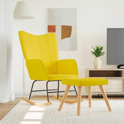 Homgoday Silla Mecedora con reposapiés Tela Amarillo Mostaza Mecedora Sillón Relax para Salón Dormitorio Balcón Sala de Estudio