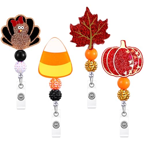 Bobine de badge rétractable automne avec pince crocodile et perles pour Thanksgiving, lot de 4