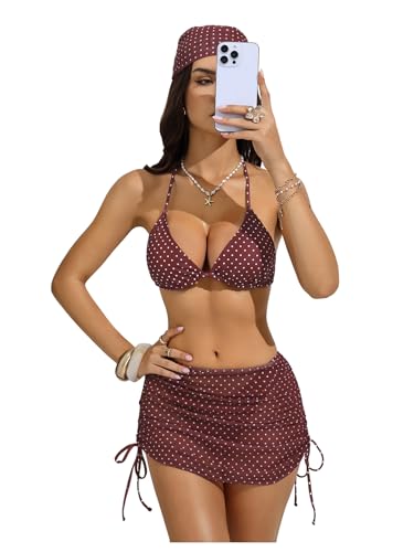 Image of RoseSeek Women's 4 Piece Polka Dots Bathing Suits Cover Up Skirt & Bandana