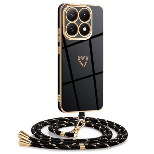 Mkej Hülle Kompatibel mit Xiaomi 15T Hülle mit Band Galvanik Silicone Handyhülle mit Herz Love Design Abnehmbar und einstellbar Handykette für Xiaomi 15T - Case in Schwarzes Gold