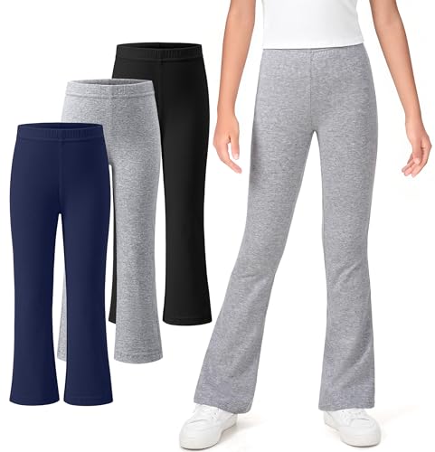 KEREDA 3 Pack School Uniform Pants for Girls Flare Leggings Bell Bottoms Trendy Clothes for Teen Girls Kids Black-Light Gray-Navy 7-8 Years