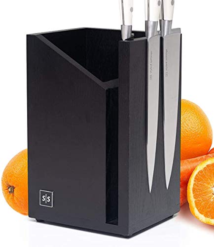 Magnetic Knife Block and Utensil Caddy, Black - Dual Purpose Design - Universal Knife Block without Knives and Black Utensil Holder