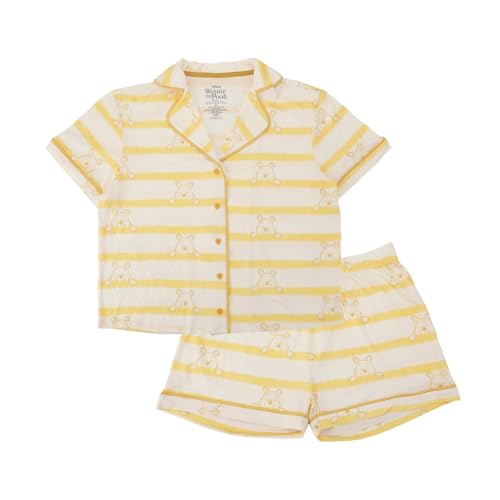 Disneys Winnie the Pooh Womens Notch Collar Button-Down Shirt and Shorts Sleepwear Set -Small