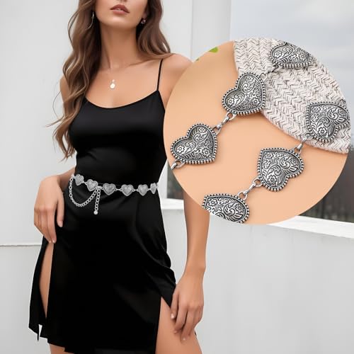 Western Heart Chain Belts for Women, Metal Concho Trendy Cowgirl Boho Belt for Country Skirt Jeans Dresses Pants2