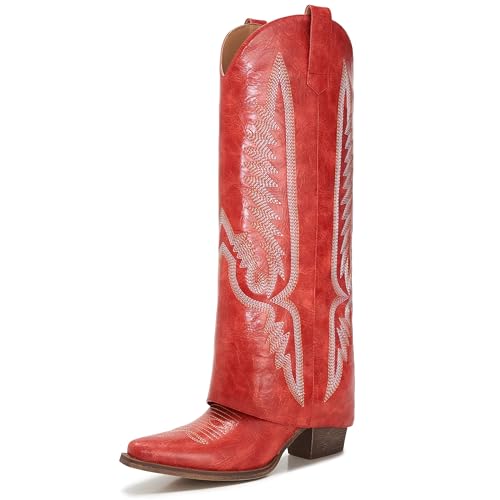 Image of Fold Over Boots for Women Pointy Pull-on Wedge Heel Knee Shark Boot With Side Zipper Padlock Design