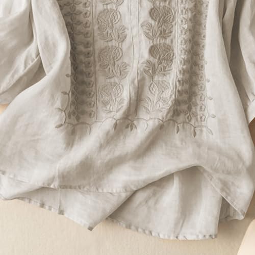 Embroidered Boho Tops for Women Trendy 3/4 Length Sleeve Cotton Linen Shirts Plus Size Fall Fashion Dressy Casual Blouses4