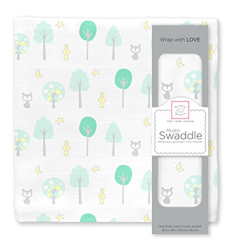 Image of SwaddleDesigns Cotton Muslin Swaddle Blanket, Receiving Blanket for Boys & Girls, Best Shower Gift, 46x46 inches, Green Woodland