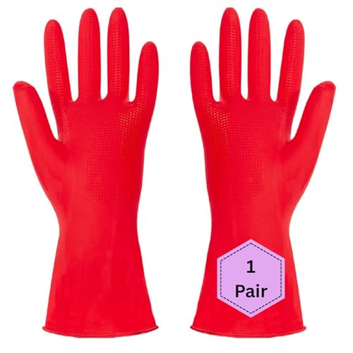 Image of Natural Rubber Household Gloves - Reusable & Waterproof for Cleaning, Dishwashing, Kitchen & Bathroom Use - Comfortable Fit with Non-Slip Grip - Durable & Long-Lasting (Red, 1 Pair)