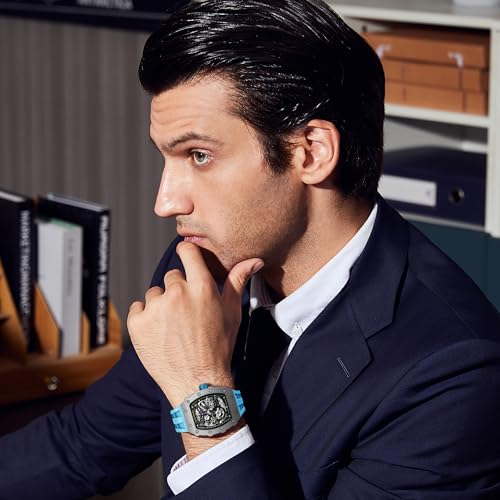 Image of TSAR BOMBA Men's Automatic Watch Tonneau Luxury Skeleton Watches for Men Mechanical 50M Waterproof Analogue Watches Mens Unique Cool Square Big Face Dial Wristwatch with Silicone Strap Band