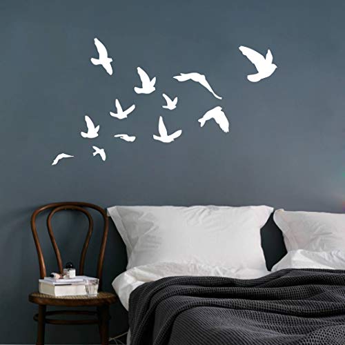 Flying Birds Wall Decal, Birds Wall Sticker, Flying Birds Set of 12 Vinyl Wall Decal for Office Home Decor Room Art, Flying Birds Sticker (White)