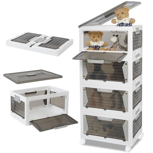 Rainberg Large Storage Boxes with Lids, Strong & Sturdy Plastic Storage Boxes, Stackable Nestable Container for Home & Office use. (White & Grey, 4 Tier 320L Storage)