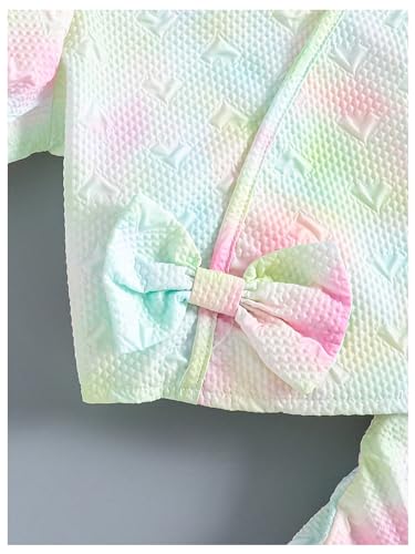 Image of MakeMeChic Girl's 2 Piece Outfit Tie Dye Bow Puff Sleeve V Neck Crop Tops and Pleated Shorts Set